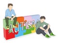 The word AUTISM against the background of puzzles. teenagers sitting on the background of the puzzle. Vector illustration.